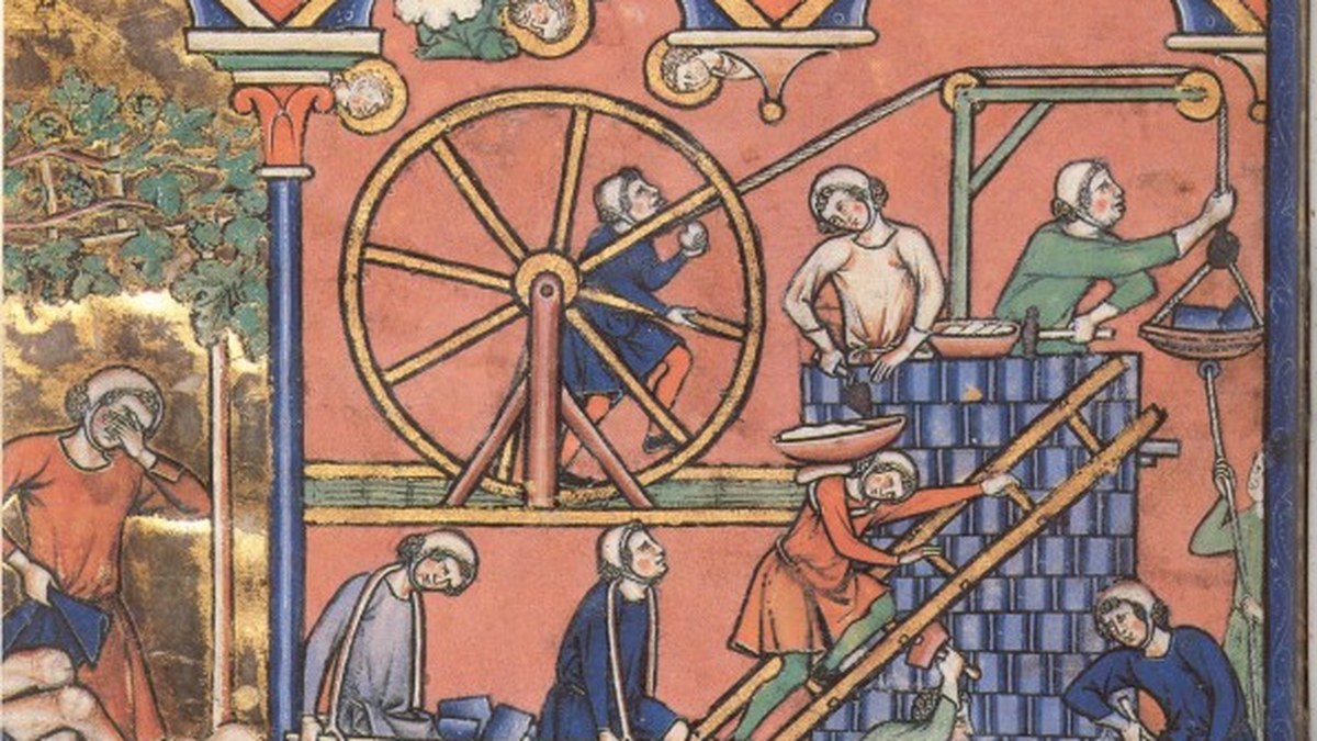 Medieval treadwheel crane lifting material at a fortress construction site