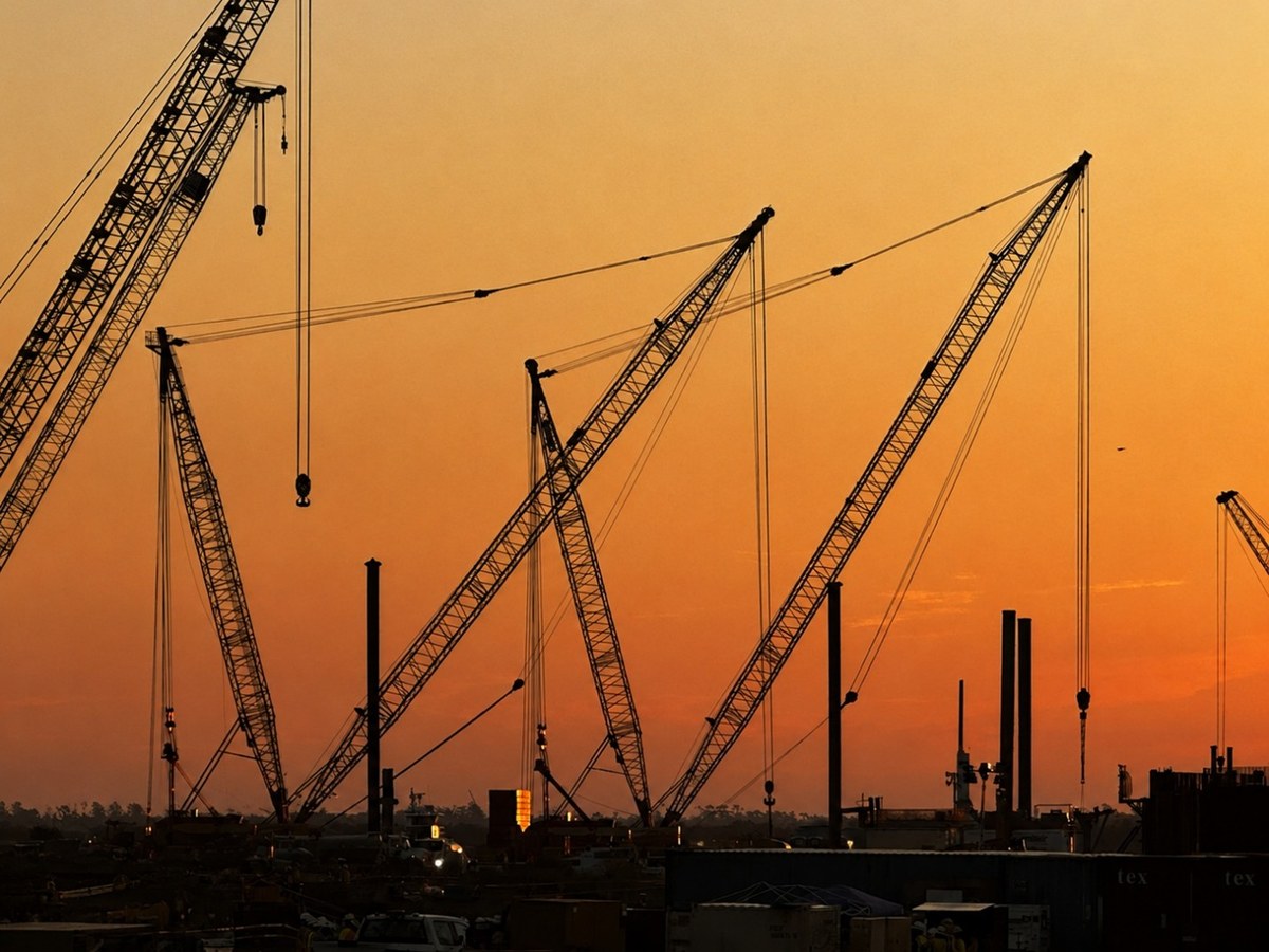 Crane booms and hooks silhouetted at sunrise